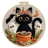 Hand-Embroidered Black Cat Halloween Hoop Art – Spooky Wall Decor