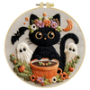 Hand-Embroidered Black Cat Halloween Hoop Art – Spooky Wall Decor