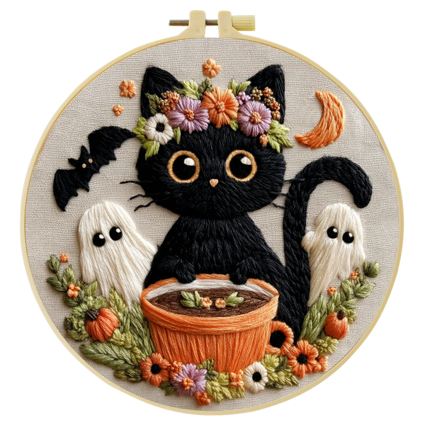 Hand-Embroidered Black Cat Halloween Hoop Art – Spooky Wall Decor