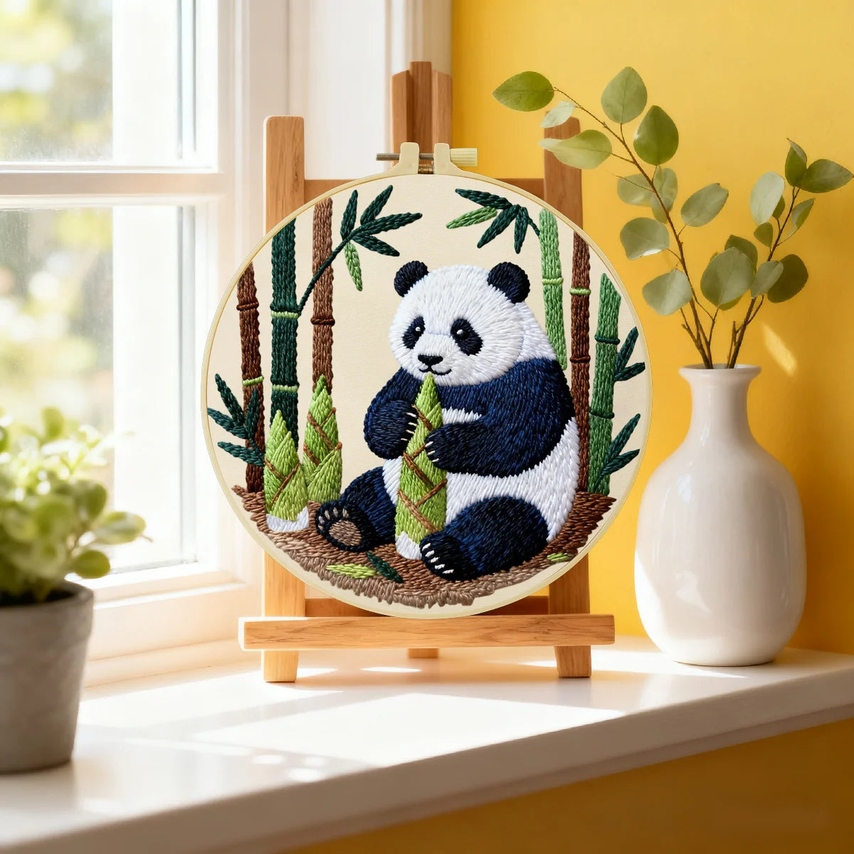 Cute Panda Bamboo Embroidery Kit – Adorable Panda Bear Needlepoint Pattern with Forest Bamboo Scene for Animal Lovers