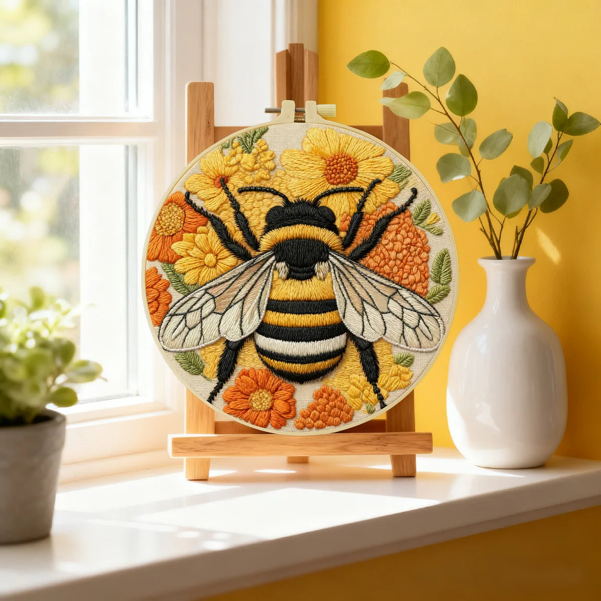 Handmade Bumblebee Embroidery Hoop Wall Art – Floral Bee Cottagecore Fiber Decor