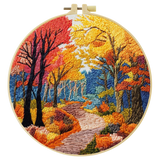 Autumn Forest Path Embroidery Kit – Colorful Fall Landscape DIY Hand Stitch Art with Hoop & Threads, Scenic Nature Wall Décor Craft Set