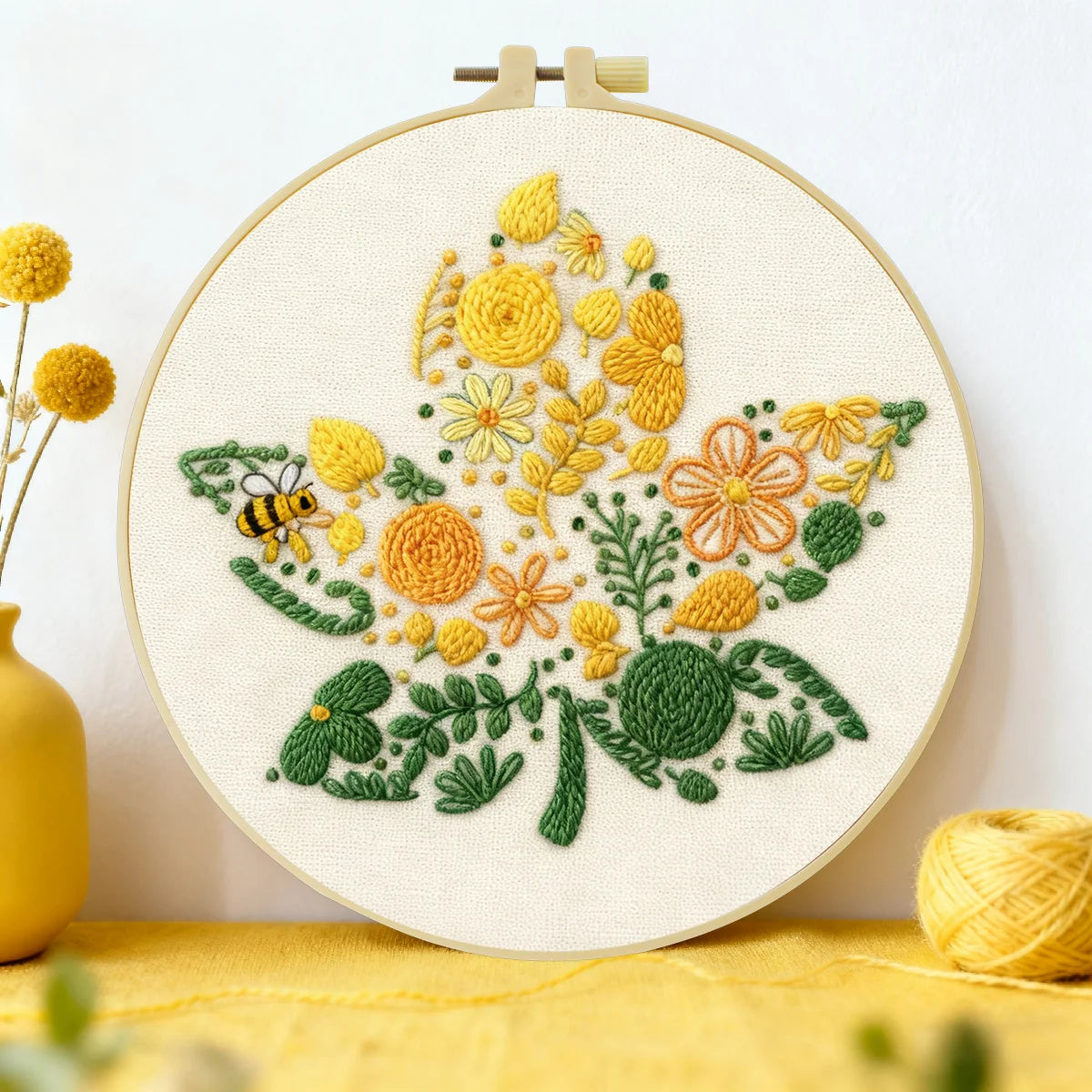 Yellow Floral Embroidery Kit with Bee – Modern Flower DIY Hand Embroidery Hoop Art, Botanical Wall Decor Craft