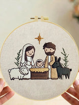 Cute Nativity Scene Embroidery Kit – Minimalist Baby Jesus Christmas Needlepoint Pattern with Mary, Joseph & Farm Animals Decor