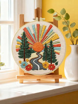 Retro Sunset Forest Embroidery Kit – Colorful Nature DIY Hand Embroidery Hoop Art Set