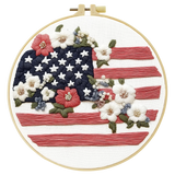 Patriotic American Flag Floral Embroidery Kit – USA Stars and Stripes DIY Needlepoint Hoop Art Rustic Fourth of July Decor Gift