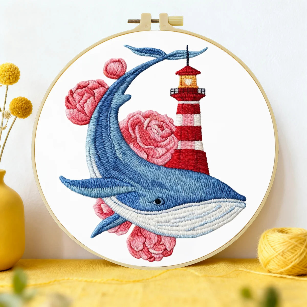 Whale & Lighthouse Embroidery DIY Kit – Nautical Ocean Animal Hand Stitching Craft with Hoop & Threads