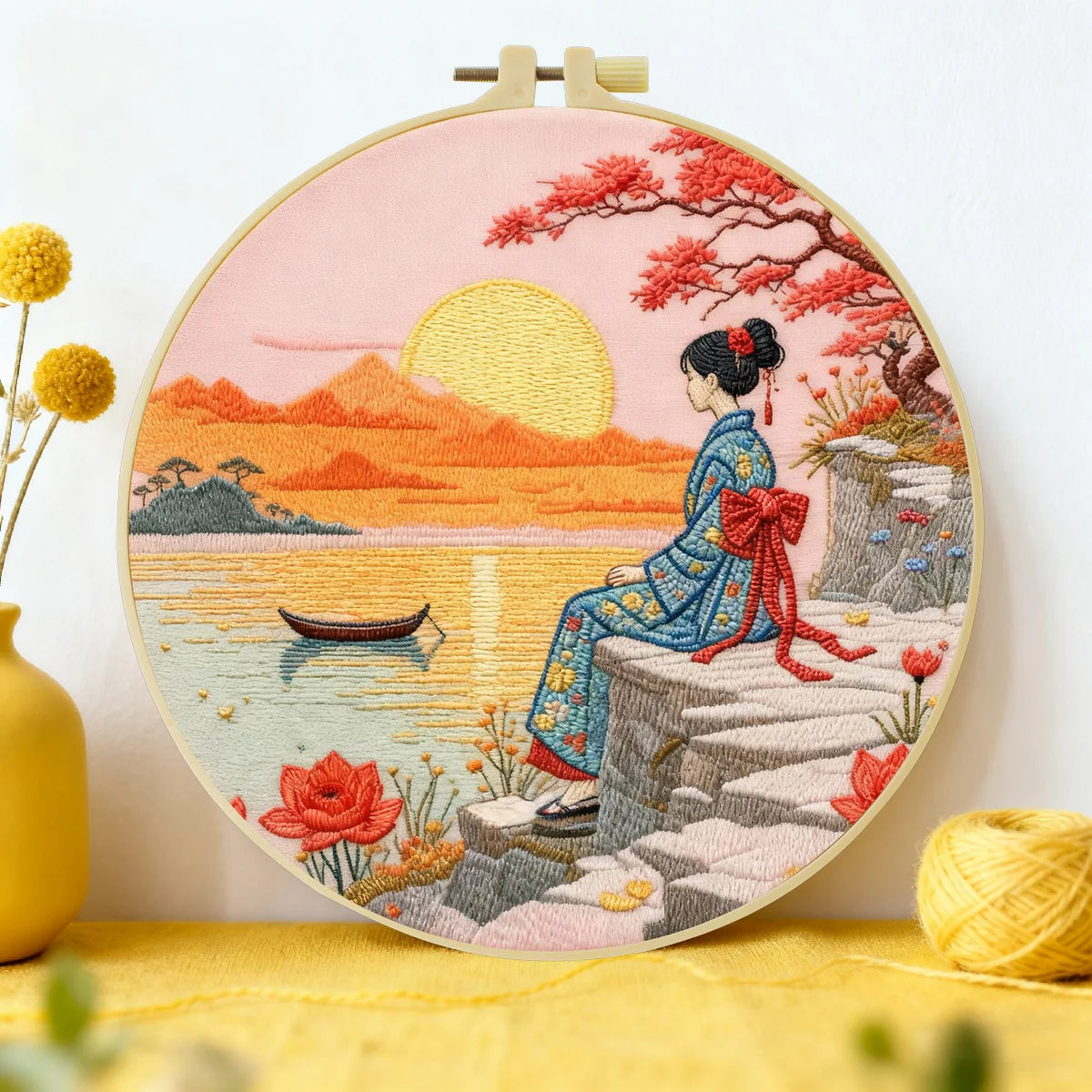 Japanese Sunset Landscape Embroidery Starter Kit – DIY Scenic Kimono Sewing Art Set for Beginners