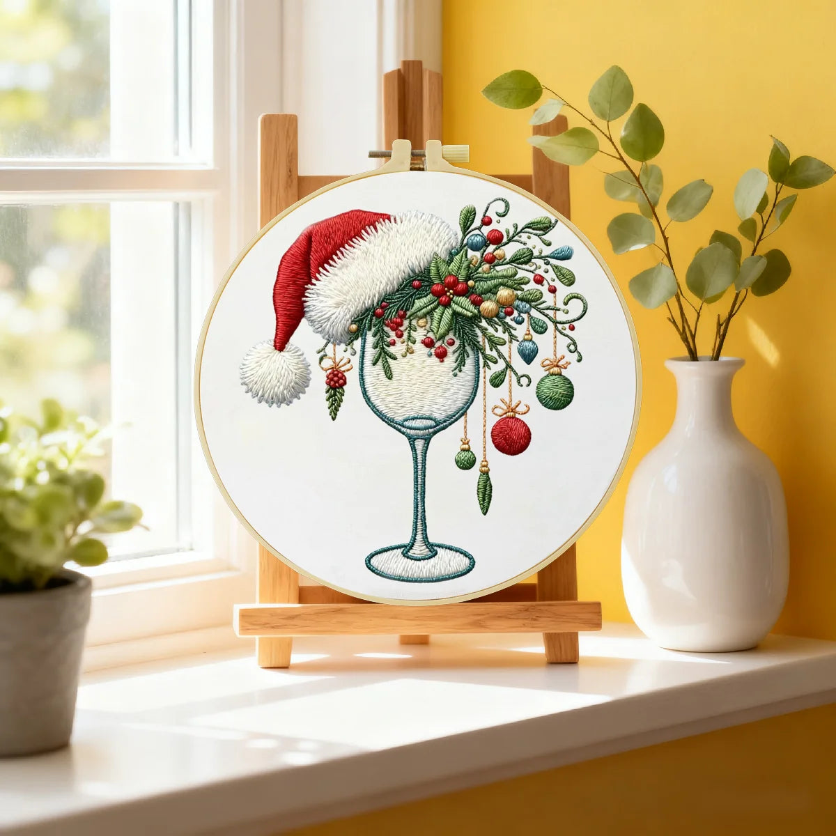 Christmas Wine Glass Embroidery DIY Kit – Festive Holiday Beginner Stitching Kit with Hoop, Pattern & Threads