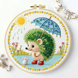 Cute Hedgehog Embroidery Kit – Woodland Animal with Umbrella DIY Sewing Craft, Whimsical Nursery Hoop Wall Art Decor