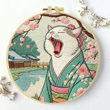 Japanese Kimono Cat Embroidery Kit – Cute Yawning Cat in Sakura Garden Needlepoint Pattern for Cat Lovers & Asian Decor