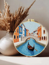 Venice Canal Embroidery Kit for Adults – Romantic Gondola Cityscape DIY Hand Embroidery Hoop Art Travel Lover Gift