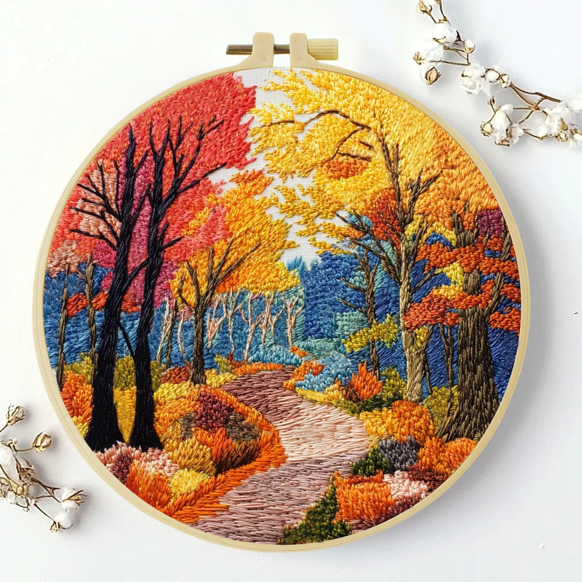 Autumn Forest Path Embroidery Kit – Colorful Fall Landscape DIY Hand Stitch Art with Hoop & Threads, Scenic Nature Wall Décor Craft Set