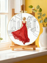 Elegant Red Dress Embroidery Kit – Fashion Lady Street Scene Needlepoint Pattern with Parisian Style & Modern Minimalist Art