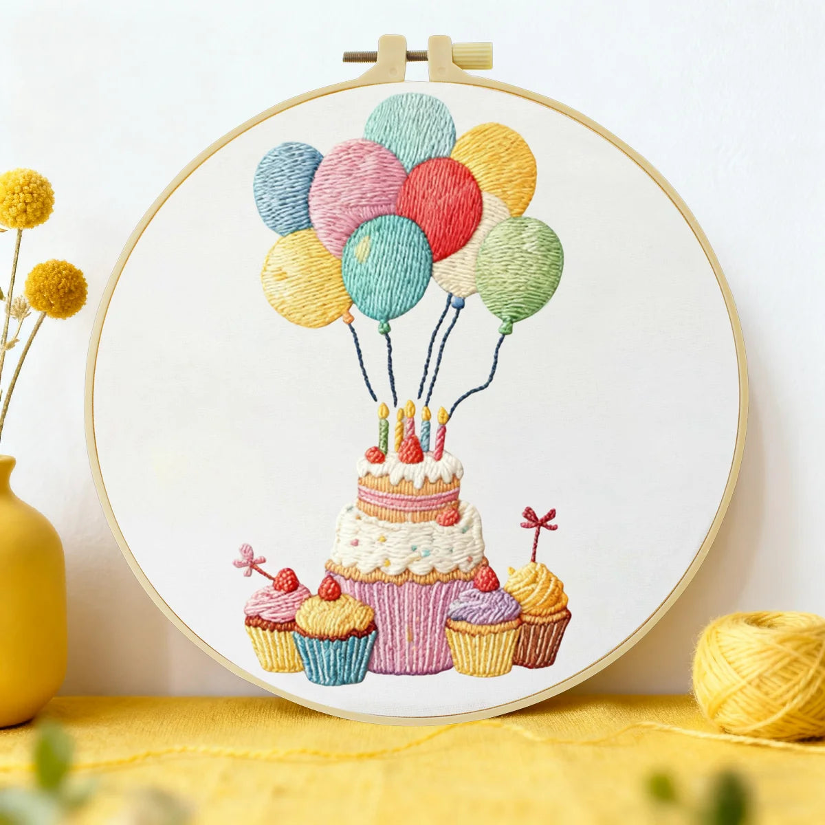 Handmade Birthday Cake Embroidery Hoop Wall Art – Colorful Balloon Party Decor