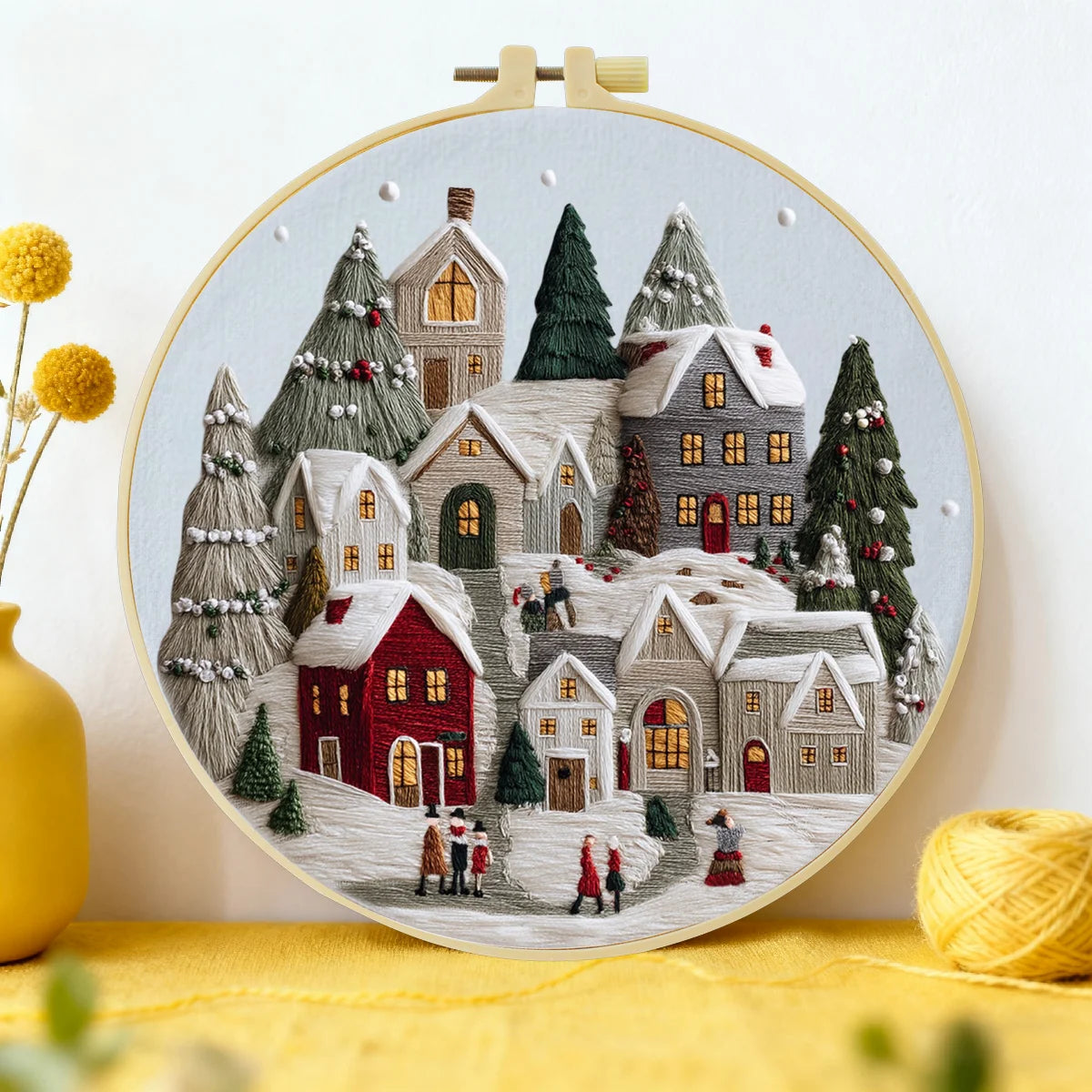 Handmade Winter Village Embroidery Hoop Wall Art – Cozy Christmas Cottage Fiber Decor