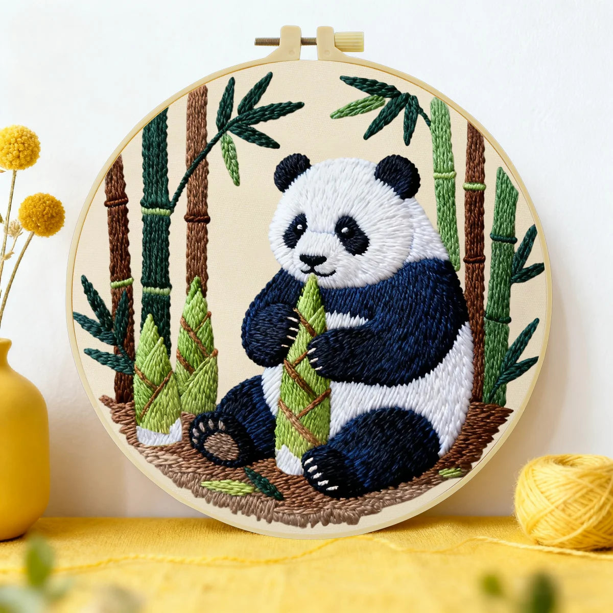 Cute Panda Bamboo Embroidery Kit – Adorable Panda Bear Needlepoint Pattern with Forest Bamboo Scene for Animal Lovers