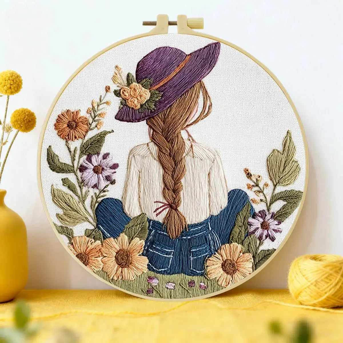 Wildflower Girl Embroidery Kit – Cottagecore Floral Maiden DIY Hand Embroidery Hoop Art Set Kits For Stitchers