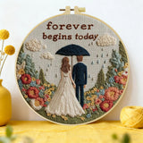 Forever Begins Today Embroidery Kit – Romantic Wedding Couple Needlepoint Pattern with Floral Garden & Love Quote Design