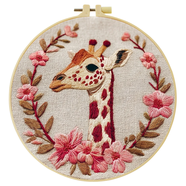 Giraffe Embroidery DIY Kit – Floral Animal Beginner Stitching Kit with Hoop, Pattern & Threads