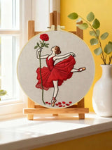 Handmade Red Rose Ballerina Embroidery Hoop Wall Art – Elegant Ballet Dancer Decor