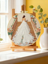 Handmade Bridal Staircase Embroidery Hoop Wall Art – Elegant Wedding Dress Floral Decor