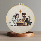 Cute Nativity Scene Embroidery Kit – Minimalist Baby Jesus Christmas Needlepoint Pattern with Mary, Joseph & Farm Animals Decor