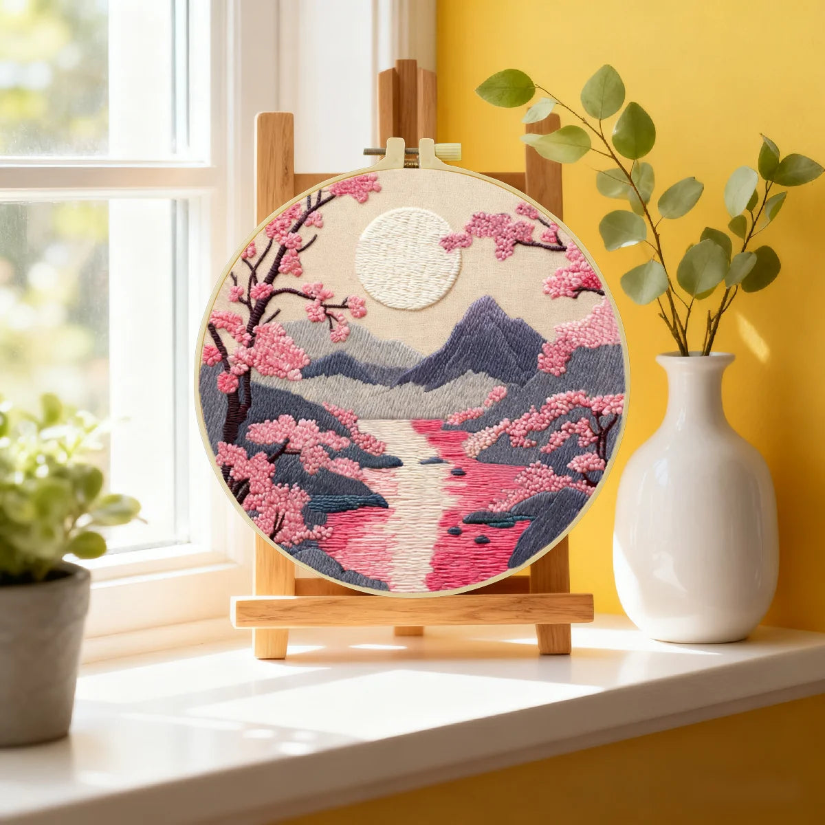 Handmade Cherry Blossom Landscape Embroidery Hoop Wall Art – Serene Mountain River Decor