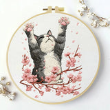 Stretching Cat Embroidery Kit – Cherry Blossom Kitty DIY Hand Embroidery Hoop Art Set