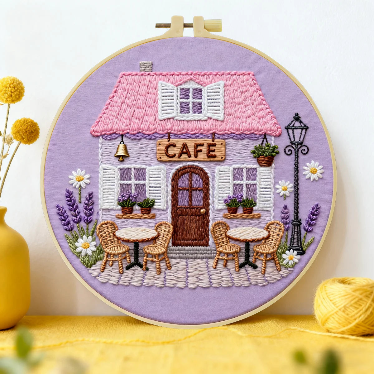 Charming Cafe House Embroidery Starter Kit – DIY Floral Cottage Sewing Art Set for Beginners