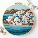 Santorini Coastal Village Embroidery Kit – Greek Island Seascape DIY Needlepoint Hoop Art Mediterranean Home Decor Craft Gift