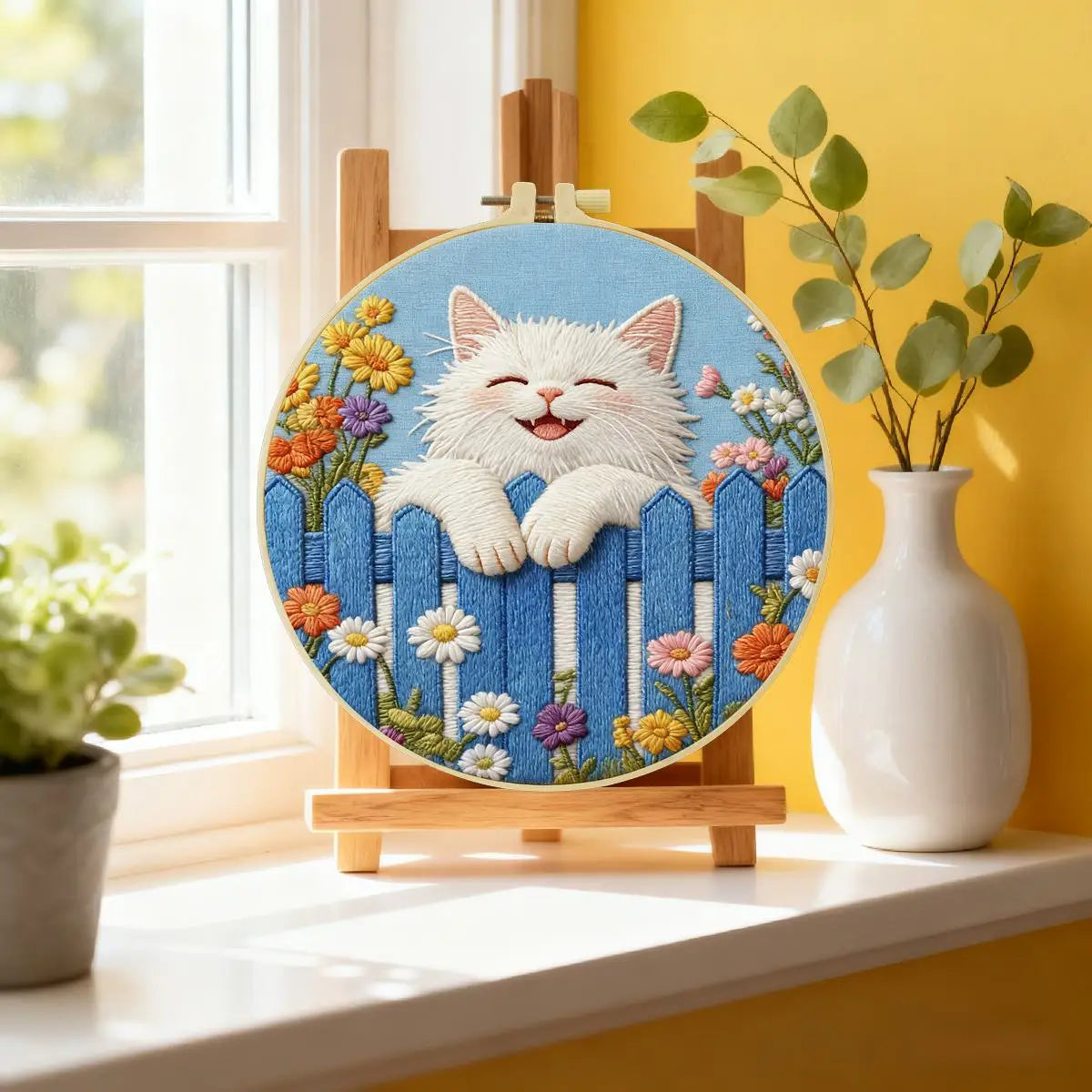 Cute White Cat Embroidery Kit – Smiling Kitty on Blue Fence Needlepoint Pattern with Floral Garden Cottagecore Decor