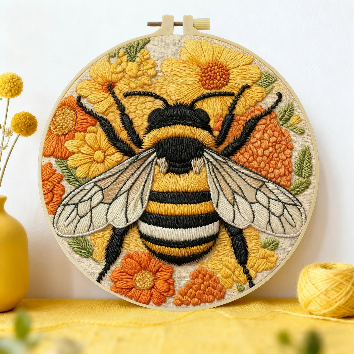 Handmade Bumblebee Embroidery Hoop Wall Art – Floral Bee Cottagecore Fiber Decor