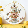 Vintage Teacup Birdhouse Embroidery Kit – Floral Birds DIY Hand Embroidery Hoop Art Set