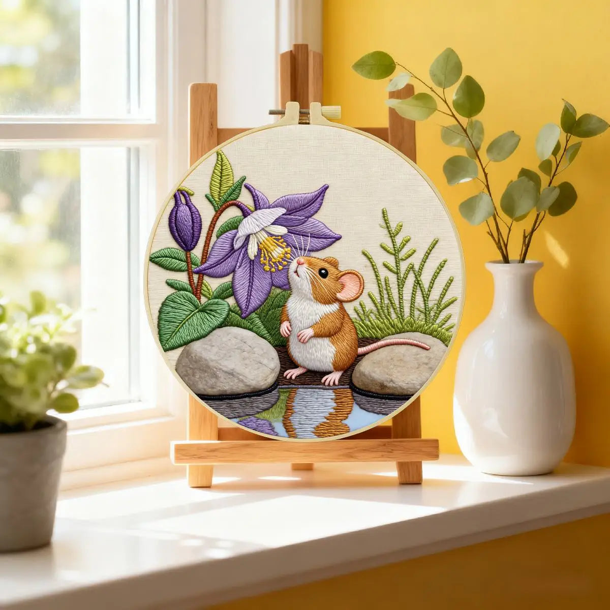 Cute Mouse Embroidery Kit – Woodland Mouse & Purple Flower Needlepoint Pattern for Nature Lovers and Cozy DIY Decor