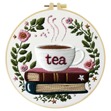 Handmade Tea Lover Embroidery Hoop Wall Art – Floral Book Stack Kitchen Decor
