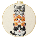 Stacked Kittens Embroidery Kit – Cute Cat Trio Needlepoint Pattern with Playful Kitten Faces for Cat Lover Decor