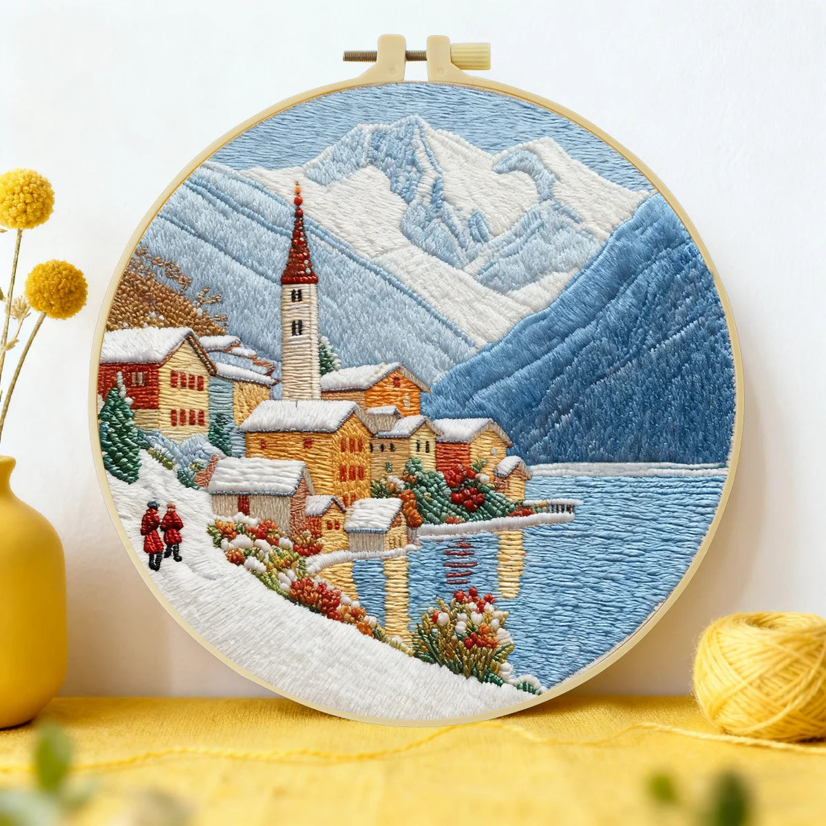 Snowy Mountain Village Embroidery Kit – Winter Alpine Landscape DIY Sewing Craft, Scenic Lake Hoop Wall Art