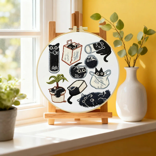 Black Cat Embroidery DIY Kit – Cute Cartoon Beginner Stitching Kit with Hoop, Pattern & Threads