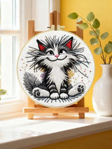 Fluffy Smiling Cat Embroidery Kit – Cute Black & White DIY Hand Embroidery Hoop Art Set