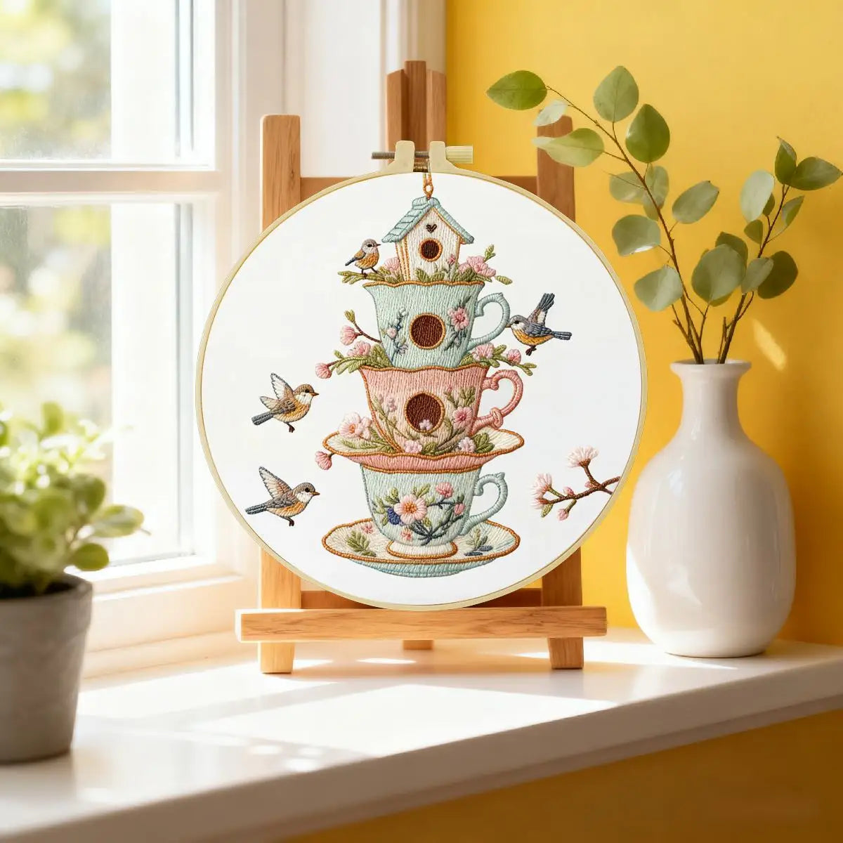 Vintage Teacup Birdhouse Embroidery Kit – Floral Birds DIY Hand Embroidery Hoop Art Set