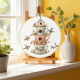 Vintage Teacup Birdhouse Embroidery Kit – Floral Birds DIY Hand Embroidery Hoop Art Set
