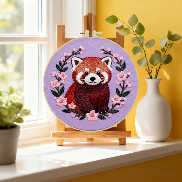 Red Panda Embroidery DIY Kit – Cute Animal Beginner Stitching Kit with Hoop, Pattern & Threads