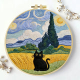 Starry Night Black Cat Embroidery Kit – Van Gogh Inspired DIY Hand Embroidery Hoop Art Set