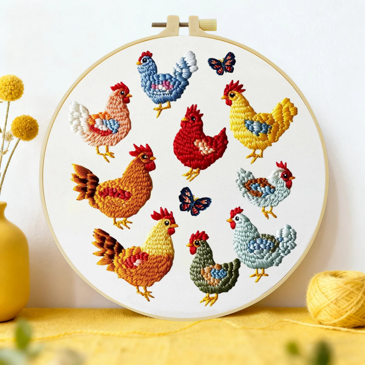 Colorful Chicken Embroidery Starter Kit – DIY Farm Animal Sewing Art Set for Beginners