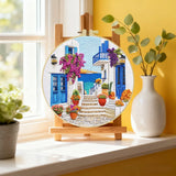 Greek Island Alley Embroidery Kit – Mediterranean Coastal Street DIY Needlepoint Hoop Art Santorini Inspired Home Decor Craft Gift