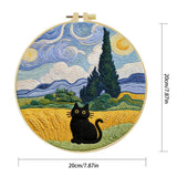 Starry Night Black Cat Embroidery Kit – Van Gogh Inspired DIY Hand Embroidery Hoop Art Set