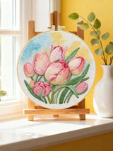 Pink Tulip Flower Embroidery Kit – DIY Floral Hoop Art for Beginners & Garden Lovers