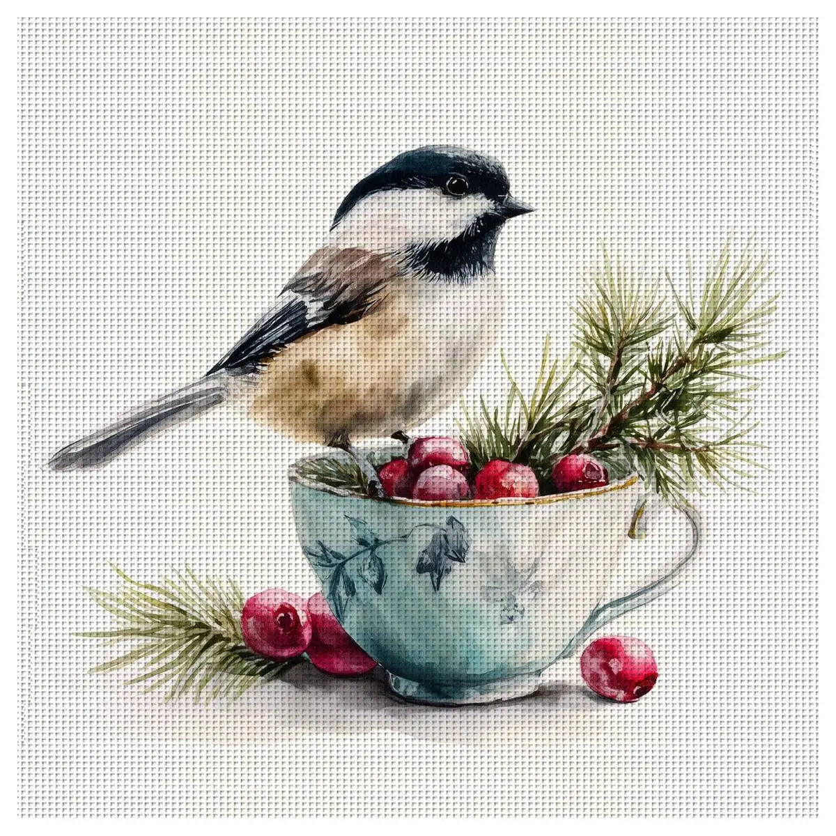 Chickadee & Cranberries Teacup Cross Stitch Kit 🐦🍒☕🌲✨