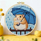 Rainy Day Hamster Embroidery Kit – Cute Umbrella Hamster DIY Hand Embroidery Set ☔🐹💙 Kits For Stitchers